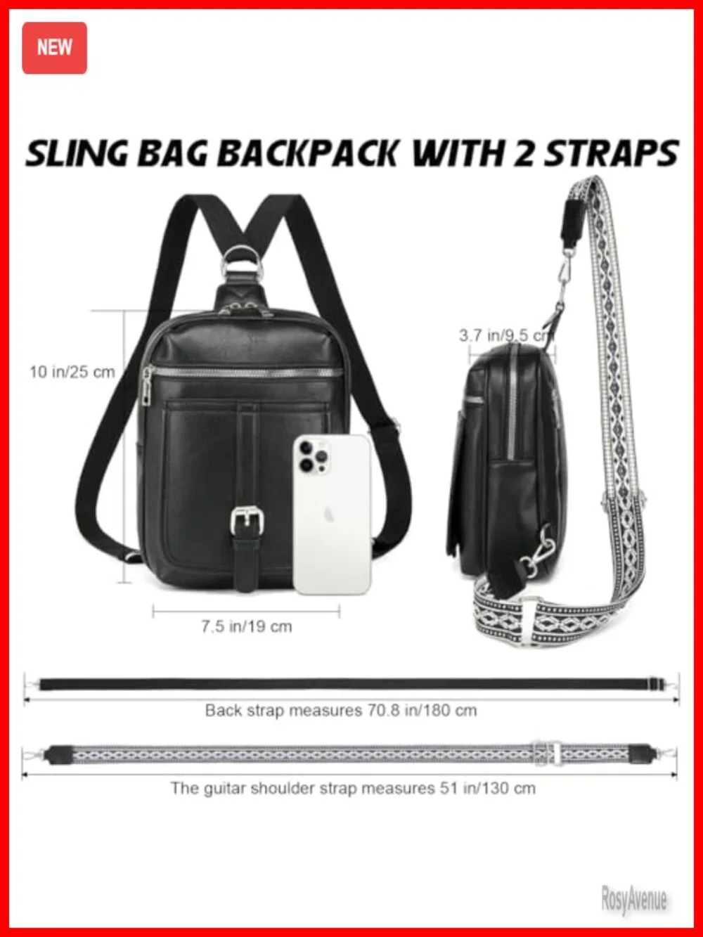 Vegan Leather Diaper Bag Crossbody Sling Purse 2-in-1 Backpack with 2 Straps